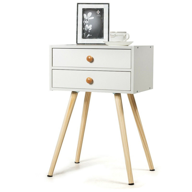 Mid Century Modern 2 Drawers Nightstand in Natural, White