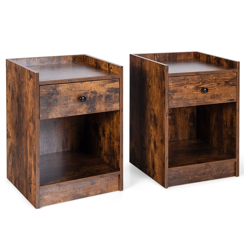 Set of 2 Nightstand with Drawer Cabinet End Side Table Raised Top, Brown