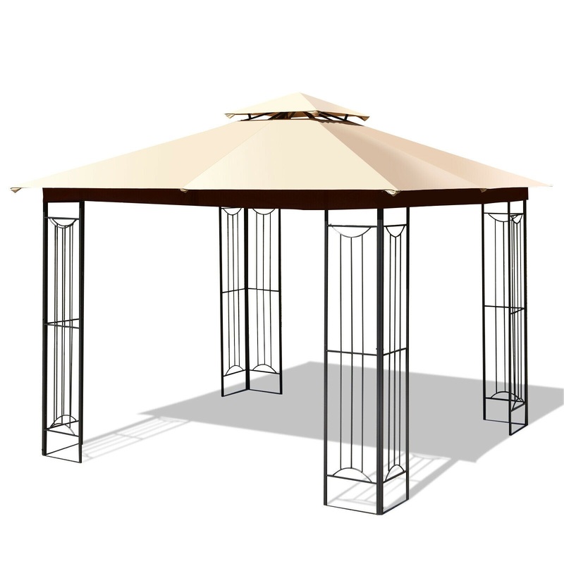 10 x 10 Feet L-Shaped Patio Canopy Gazebo Outdoor 2-Tier Steel Tent, Beige