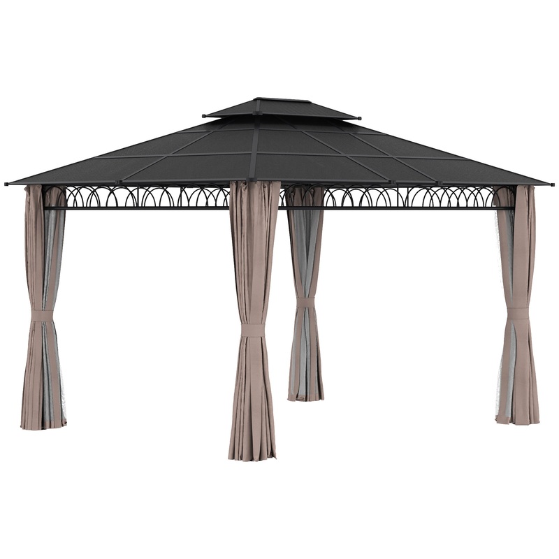 10′ x 12′ Outdoor Gazebo Canopy, Double Roof Hardtop Gazebo with Polycarbonate Roof, Steel Frame, Nettings and Curtains, for Garden, Lawn, Backyard and Deck, Khaki