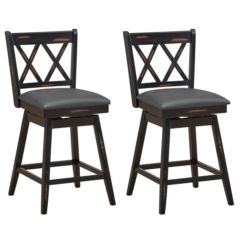 2 Pieces 24 Inch Swivel Counter Height Barstool Set with Rubber Wood Legs, Black