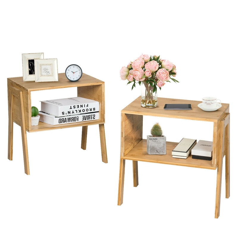 2 Pieces Bamboo Nightstand Sofa Table with Storage Shelf, Natural