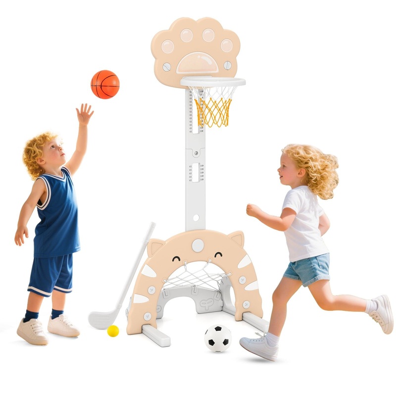 3 in 1 Kids Basketball Hoop with Basketball and Foldable Rim, Beige