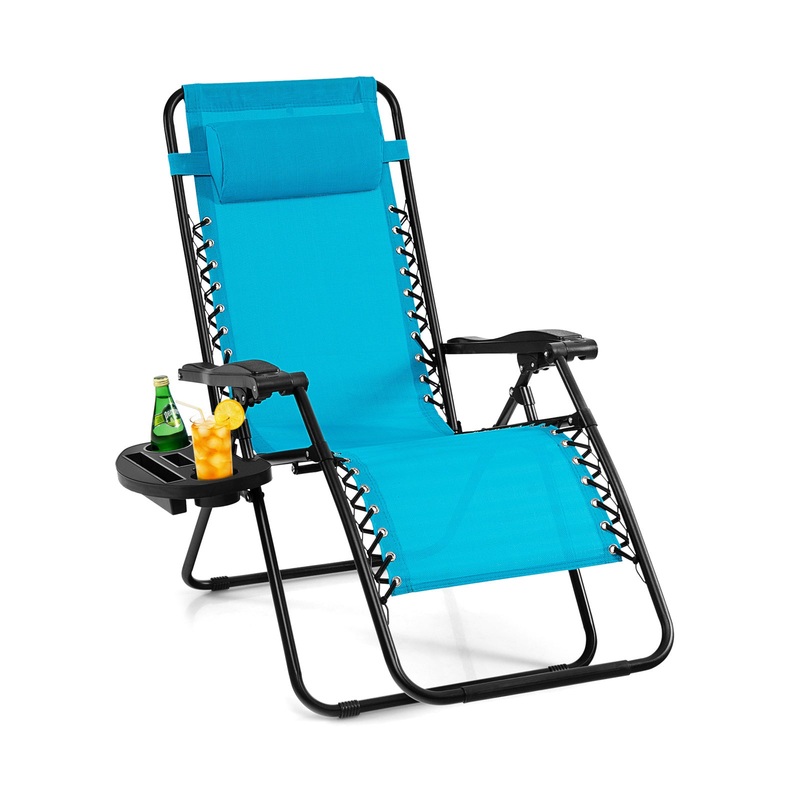 Outdoor Folding Zero Gravity Reclining Lounge Chair with Utility Tray, Light Blue