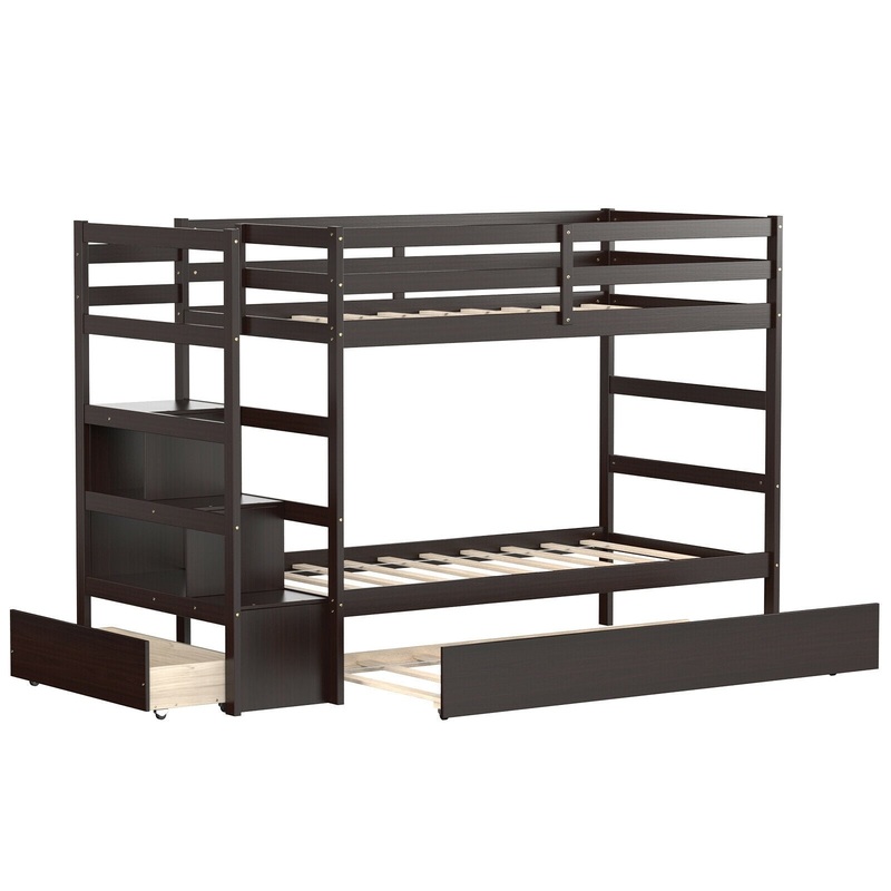 Twin Over Twin Bunk Bed with Storage Shelf and Drawer, Dark Brown
