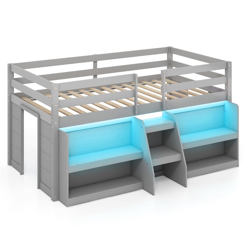 Twin Size Loft Bed with LED Lights with Staircase and Safety Guardrail-Grey, Gray