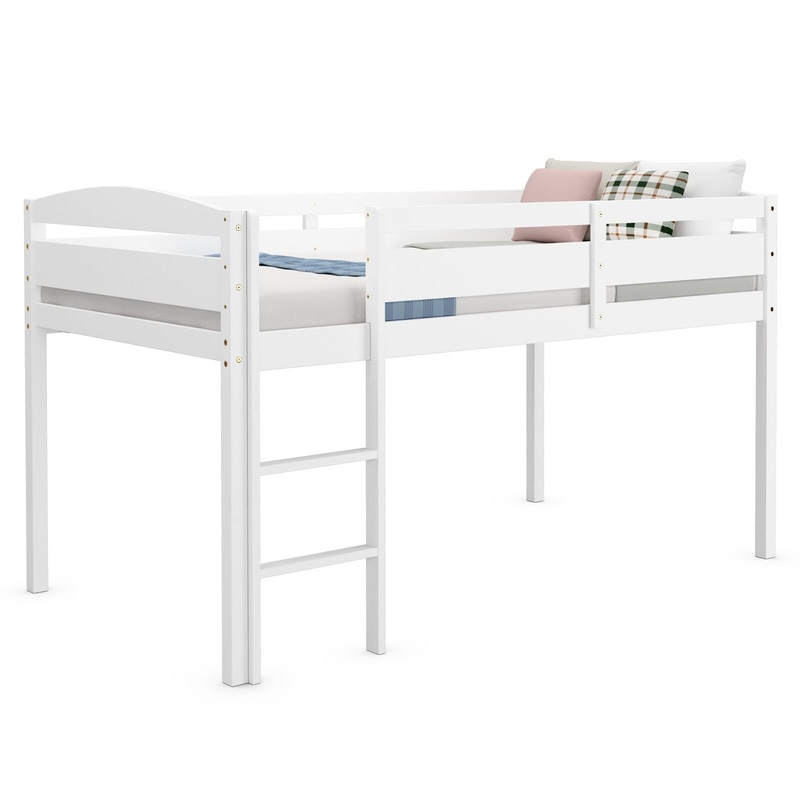 Wooden Twin Low Loft Bunk Bed with Guard Rail and Ladder, White