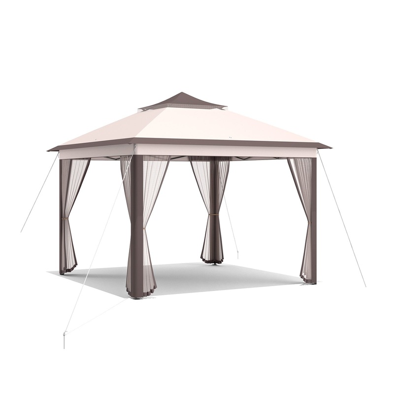 2-Tier 11 x 11 Feet Pop-Up Gazebo Tent Portable Canopy Shelter Carry Bag Mesh, Beige