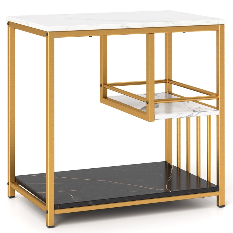 3-Tier Multi-function Marble End Table with Storage Shelf, Golden