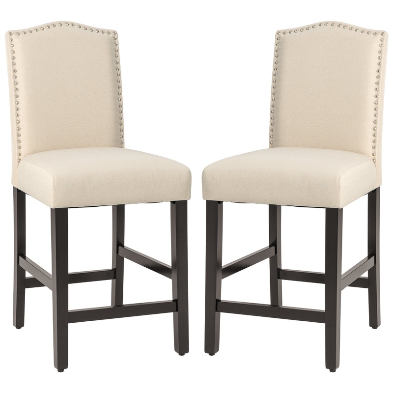 2 Pcs Fabric Nail Head Counter Height Dining Side Chairs Set, Beige