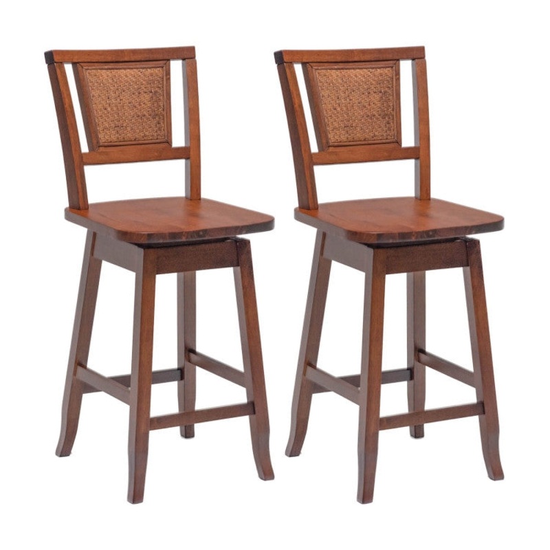 2 Pieces 24.5 Inch Bar Stools with Rattan Back and Swivel Seat, Brown