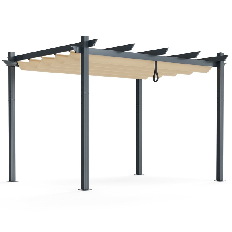 10 x 12 Feet Outdoor Aluminum Retractable Pergola Canopy Shelter Grape Trellis, Beige