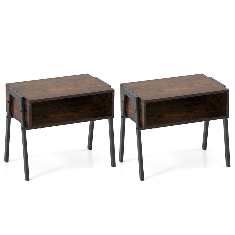 2 Pieces Stackable Night Stand Bedside End Table Set, Rustic Brown