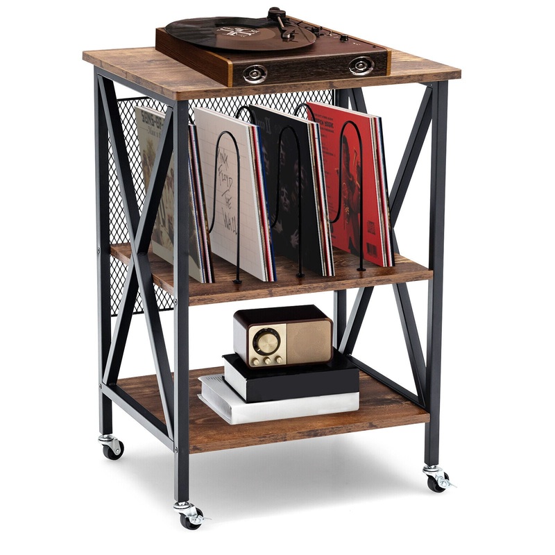 3 Tiers Vintage Style Rolling End Table with 3 Dividers for Albums, Brown
