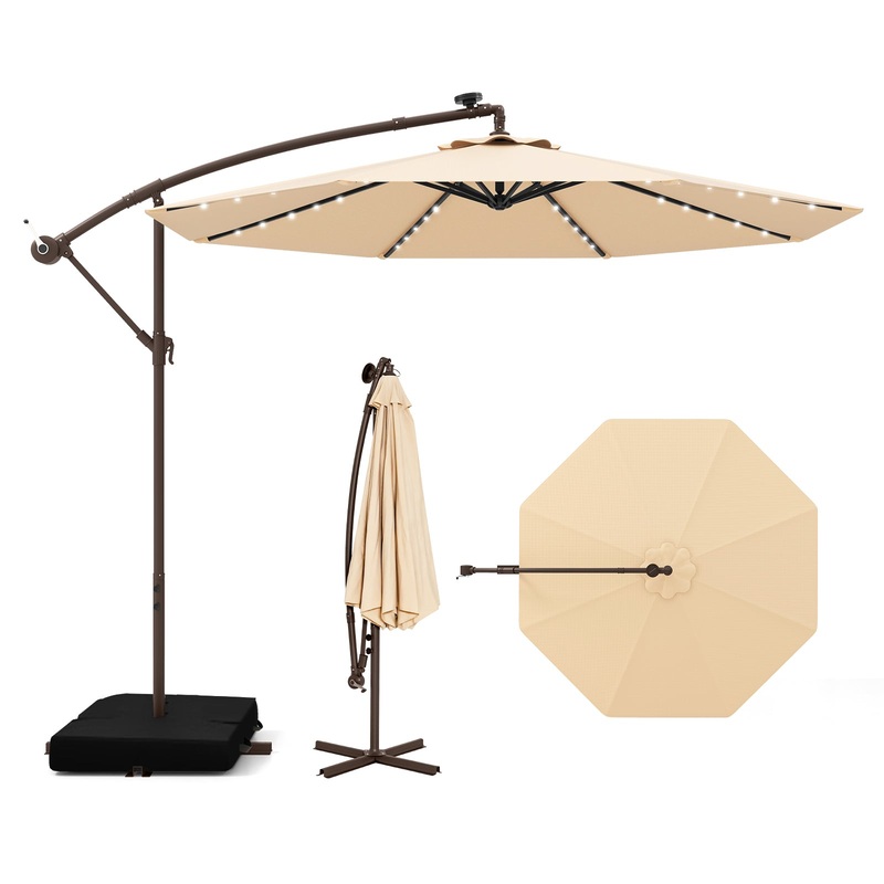 10 Feet Cantilever Umbrella with 32 LED Lights and Solar Panel Batteries, Beige