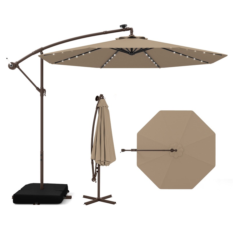 10 Feet Cantilever Umbrella with 32 LED Lights and Solar Panel Batteries, Tan