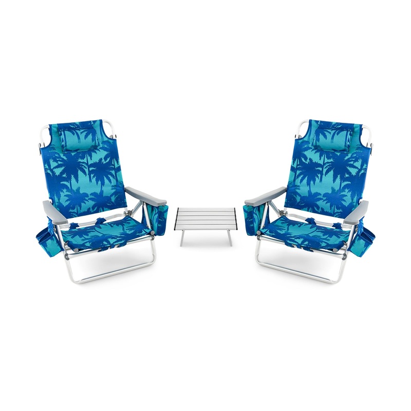 2 Packs 5-Position Outdoor Folding Backpack Beach Table Chair Reclining Chair Set, Navy
