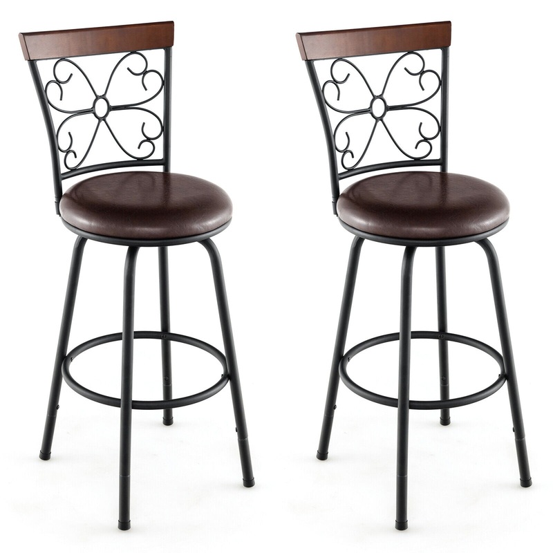 2 Pieces 24-30 Inch Adjustable PU Cushioned Swivel Barstools, Brown
