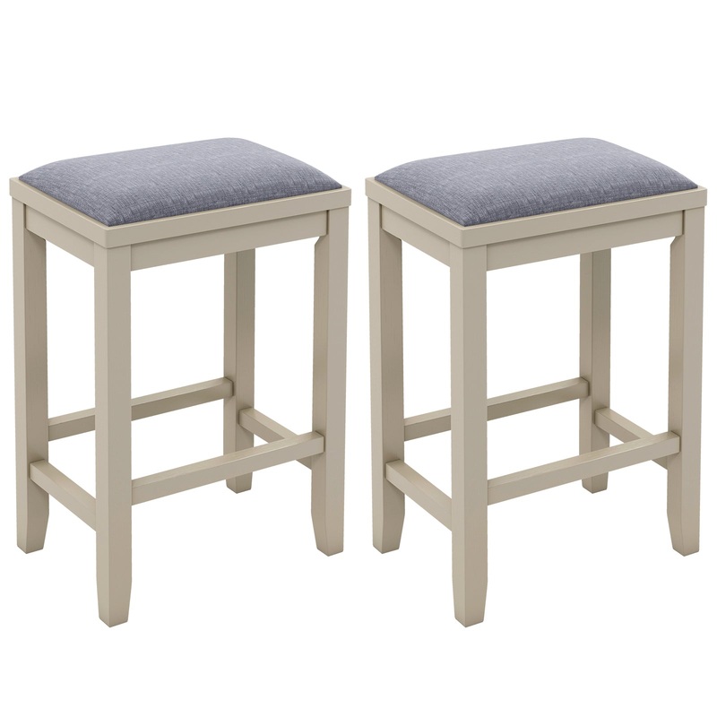 2 Pieces 25 Inch Upholstered Bar Stool Set with Solid Rubber Wood Frame and Footrest-Griege, White