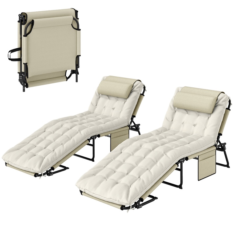 2-Piece Folding Lounge Chairs, Adjustable Backrest, Cushion, Side Pocket, Headrest, Beige