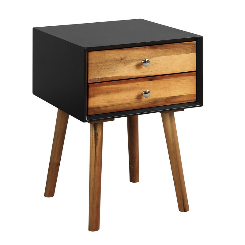 Mid-Century Wooden Multipurpose End Table with 2 Storage Drawers, Black