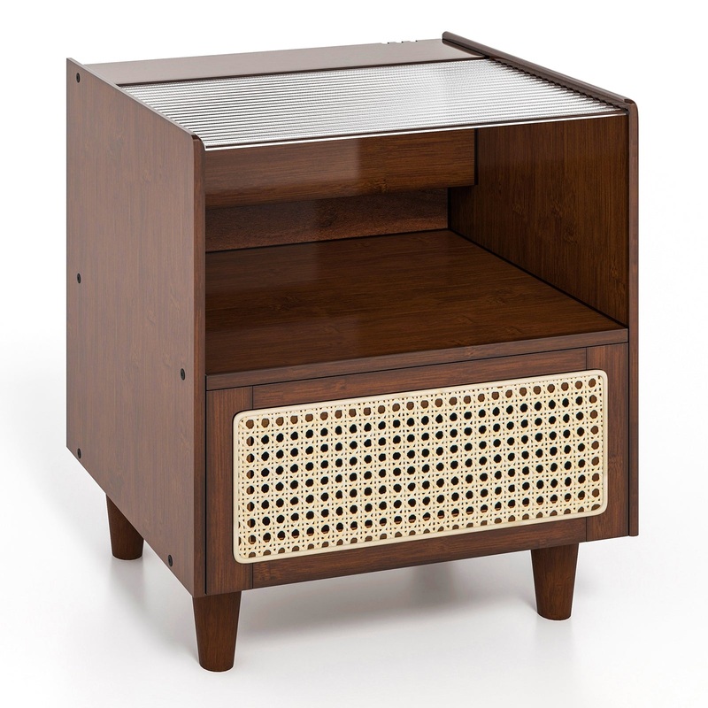 Bamboo Rattan Nightstand with Drawer and Solid Wood Legs, Brown