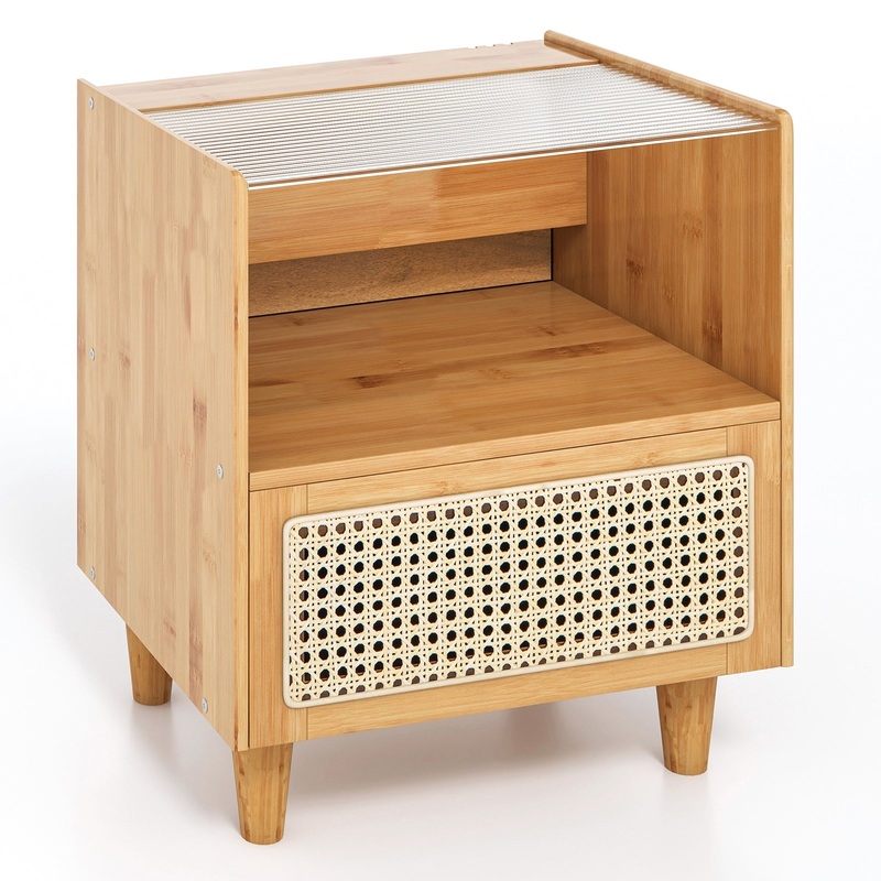 Bamboo Rattan Nightstand with Drawer and Solid Wood Legs, Natural