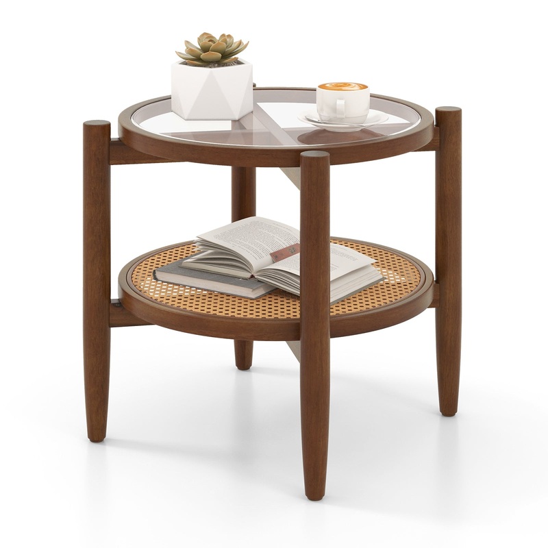 Rattan Round Side End Table with Tempered Glass Tabletop, Brown