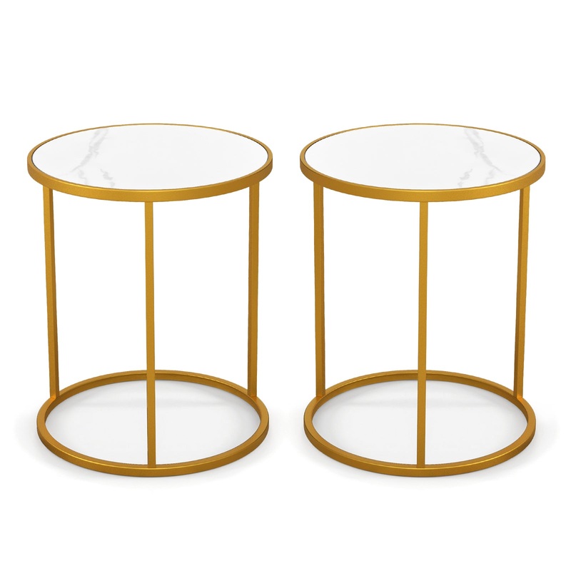 16 Inch Marble Top Round Side Table with Golden Metal Frame for Living Room Bedroom-Set of 2, Golden