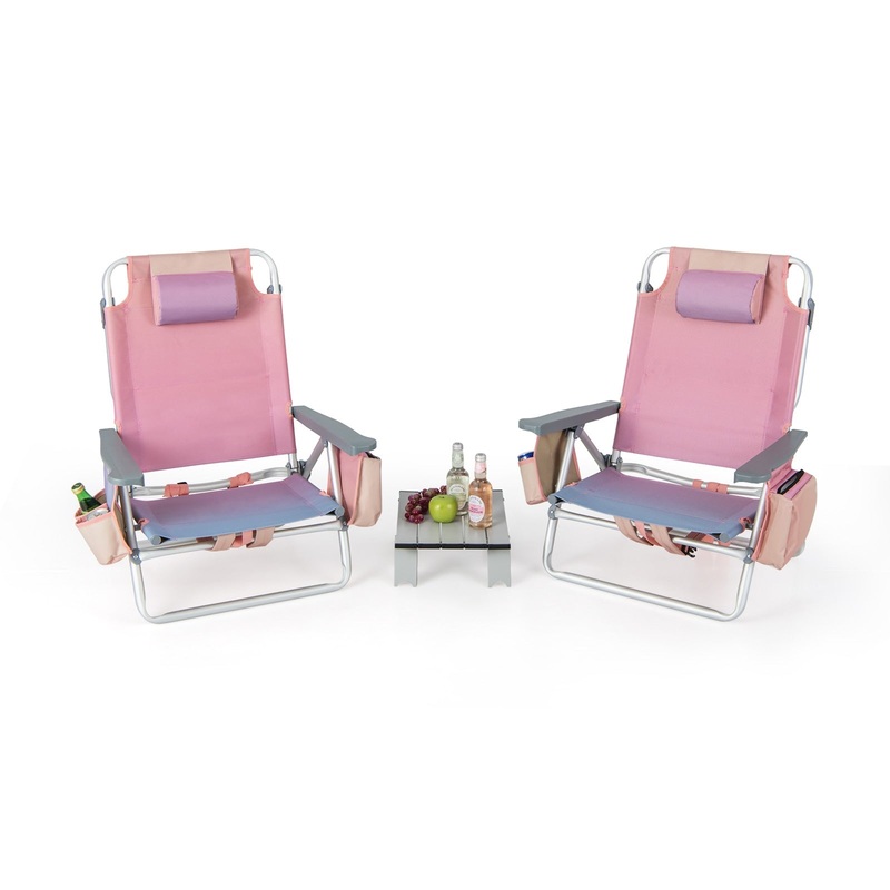 2 Packs 5-Position Outdoor Folding Backpack Beach Table Chair Reclining Chair Set, Light Pink