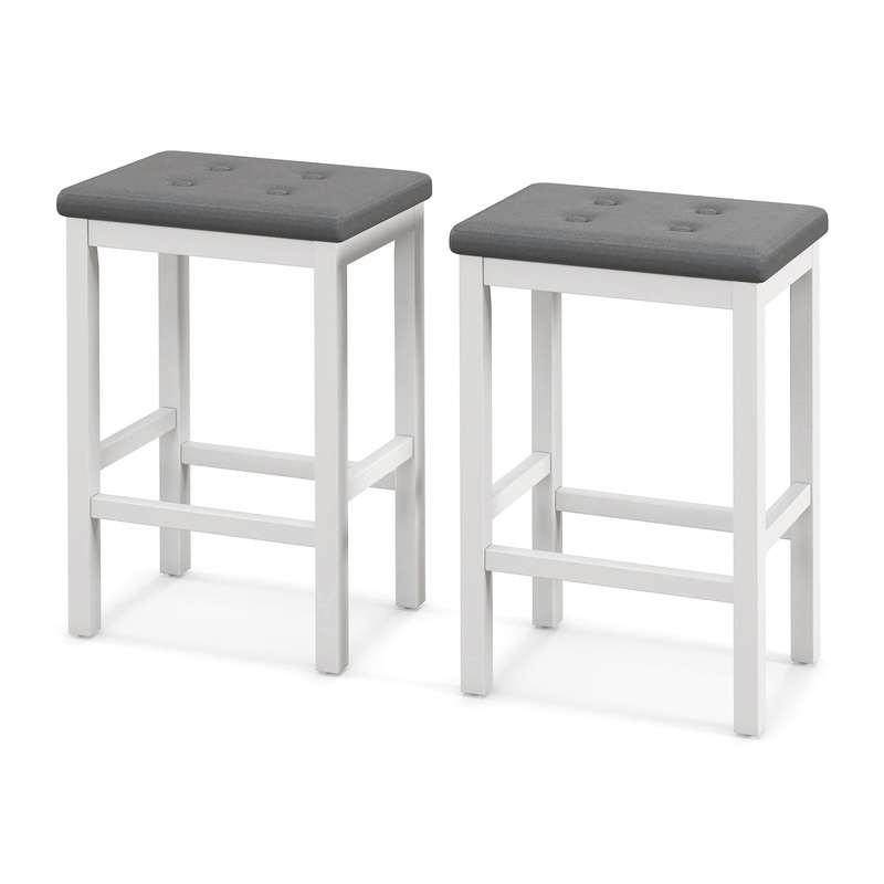 24 Inch Bar Stools with Padded Seat Footrest and Rubber Wood Frame, White