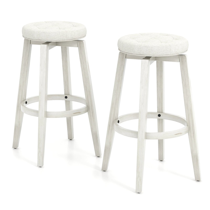 Swivel Upholstered Rubberwood Frame Bar Stool Set of 2 with Footrest-29 inches, White