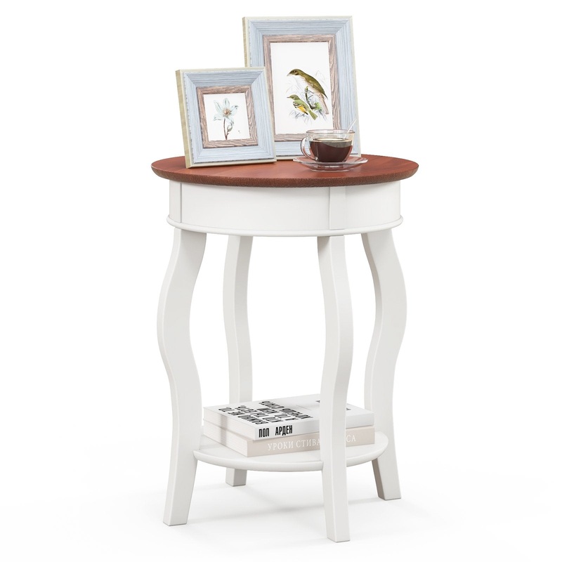 2-Tier Round End Table with Storage Shelf and Solid Rubber Wood Legs-Walnut & White, Walnut & Gray
