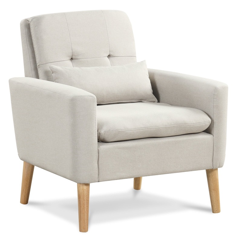 Accent Chair with Lumbar Pillow  Natural Rubber Wood Legs  Padded Cushions, Beige