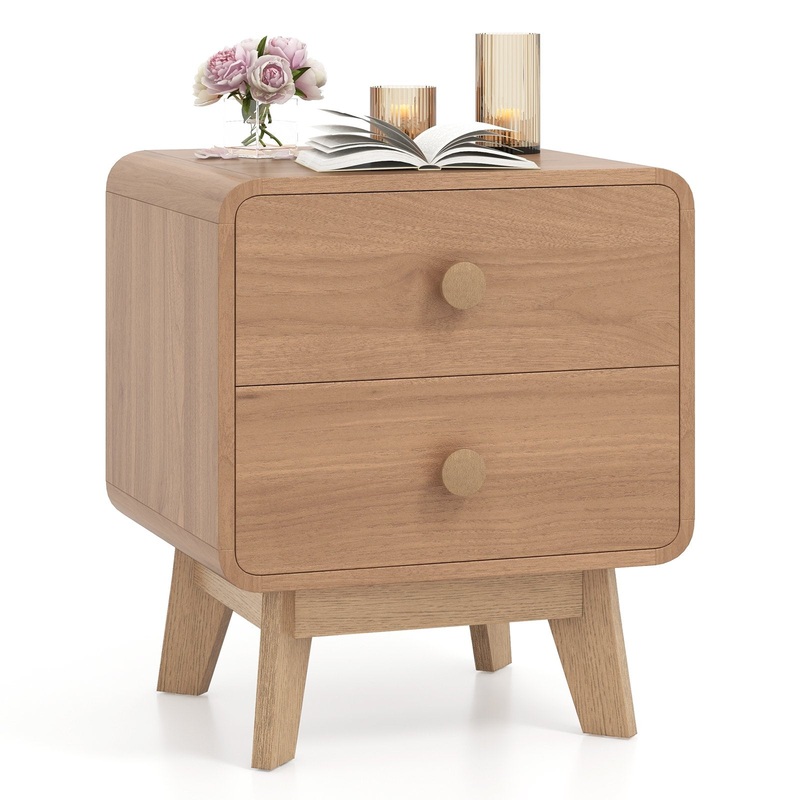 Nightstand with 2 Drawers Solid Rubber Wood Legs, Brown