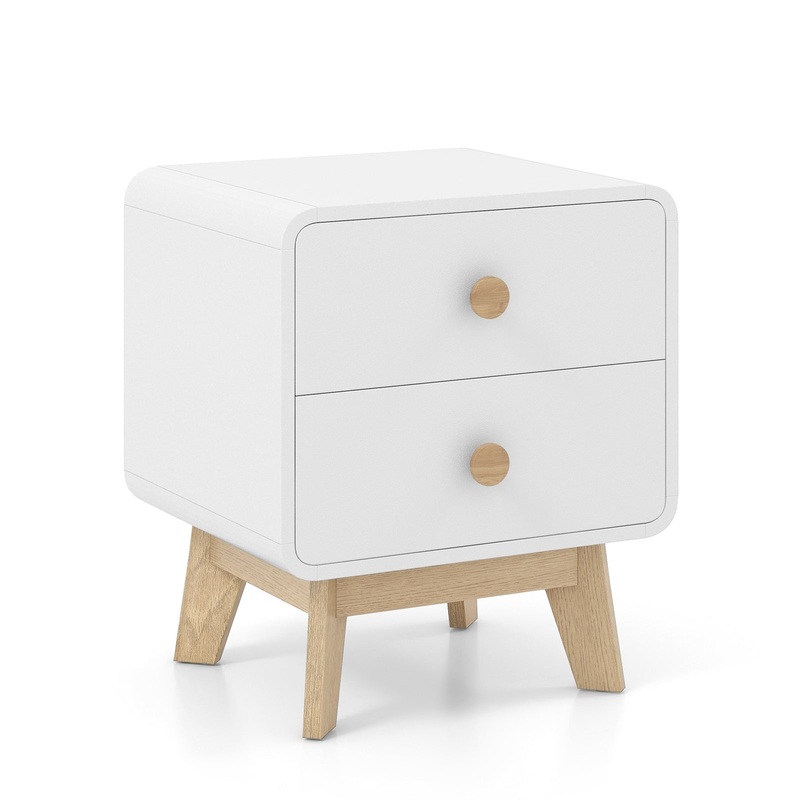 Nightstand with 2 Drawers Solid Rubber Wood Legs, White