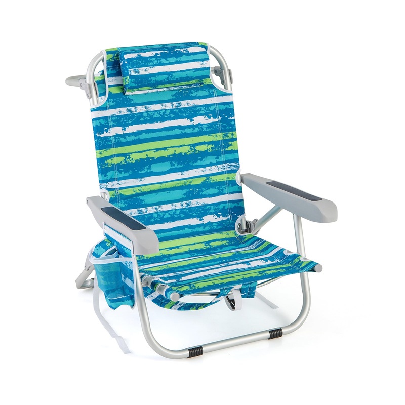 1 Piece Foldable Backpack Beach Chair with Cup Holder and Storage Pockets for Outdoor-Blue and Green, Blue & Green