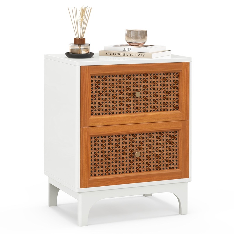 Boho Accent Table Nightstand with 2 Handwoven Rattan Decorated Drawers, White