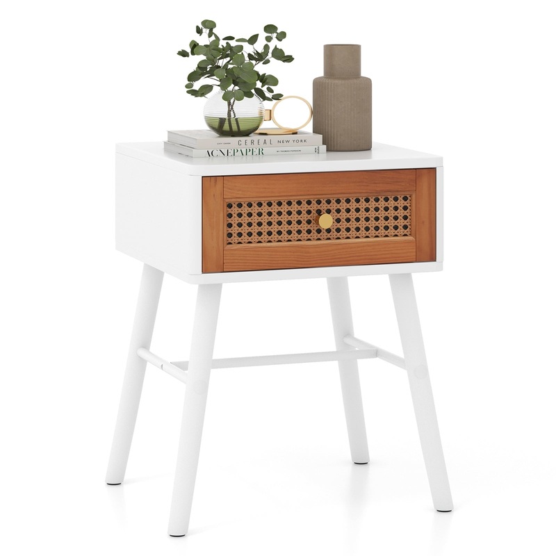 Rattan Nightstand Mid Century Modern Accent Table with Drawer, White