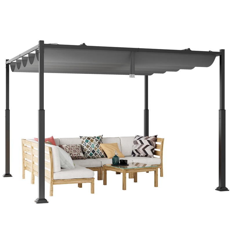 10 x 10 Feet Outdoor Pergola with Retractable Canopy and Metal Columns, Gray