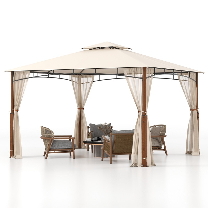 12 x 10 Feet Outdoor Patio Gazebo with Netting and 2-Tier Canopy Roof, Beige