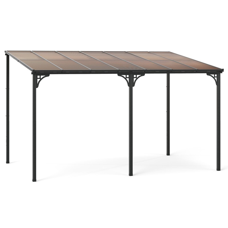Wall-Mounted Patio Gazebo Large Outdoor Hardtop Pergola with Sloped Polycarbonate Roof, Natural