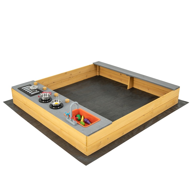 Wooden Sandbox Kids Sand Pit with Kitchen Playset Accessories for 3-8 Years Old, Natural