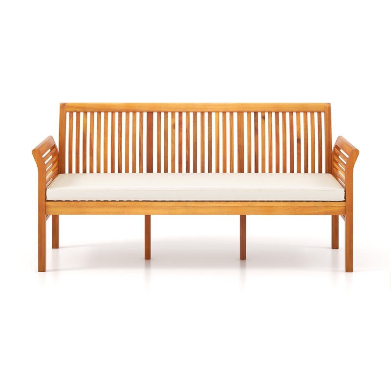62.5 Inches Patio 3-Seat Wood Bench with Soft Seat Cushions, White