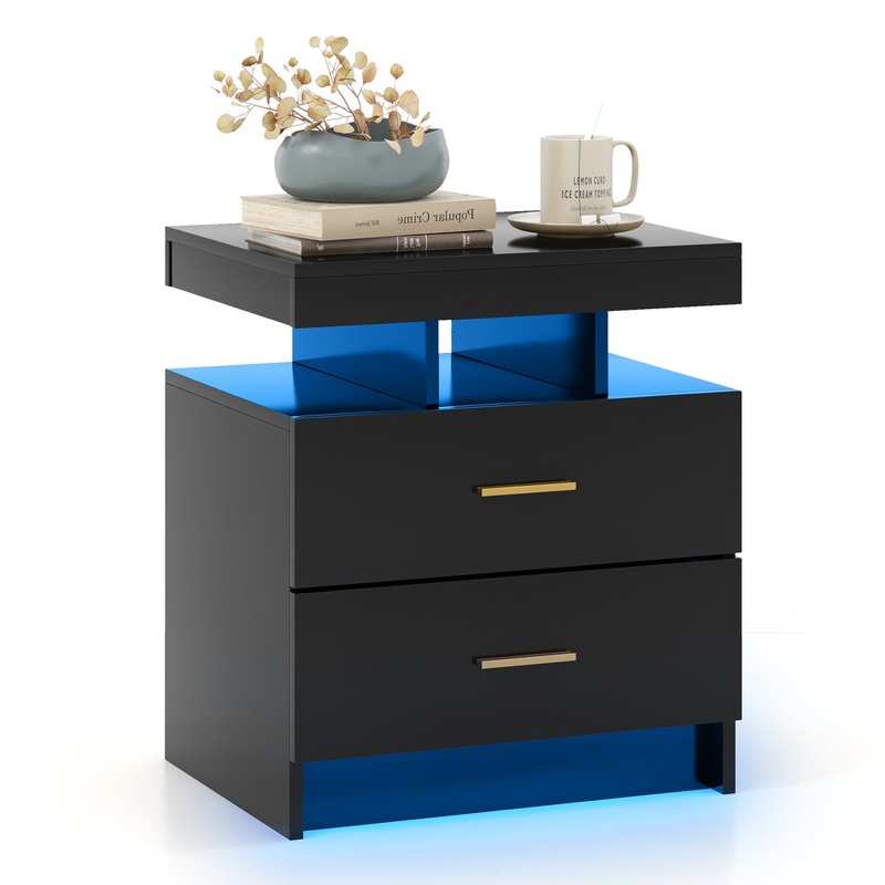 LED Nightstand with 2 Storage Drawers for Bedroom, Black
