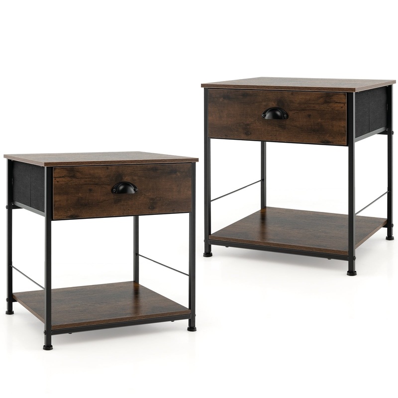 2 Tiers Nightstand with Open Storage Shelf for Living Room Bedroom-2 Pieces, Rustic Brown