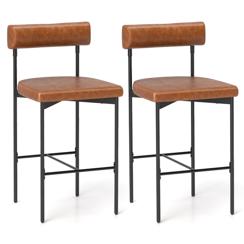20 Inch Upholstered Bar Stools Set of 2 Counter Height Bar Chairs with  Backrest, Brown