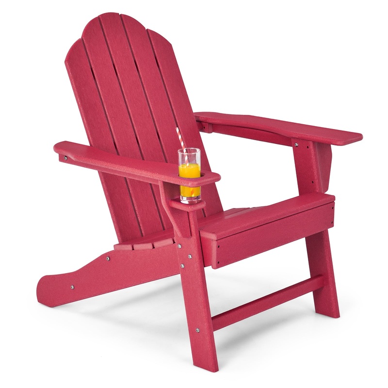 Outdoor Adirondack Chair with Built-in Cup Holder for Backyard Porch, Red