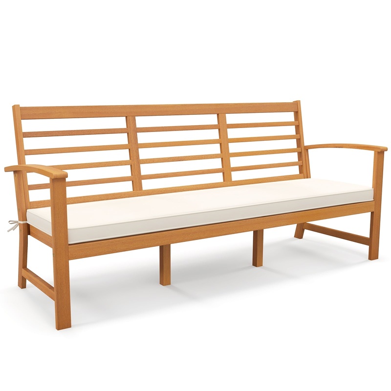 Patio 64 Inch Wood Bench with Seat Cushion and Slatted Seat for Backyard, Off White