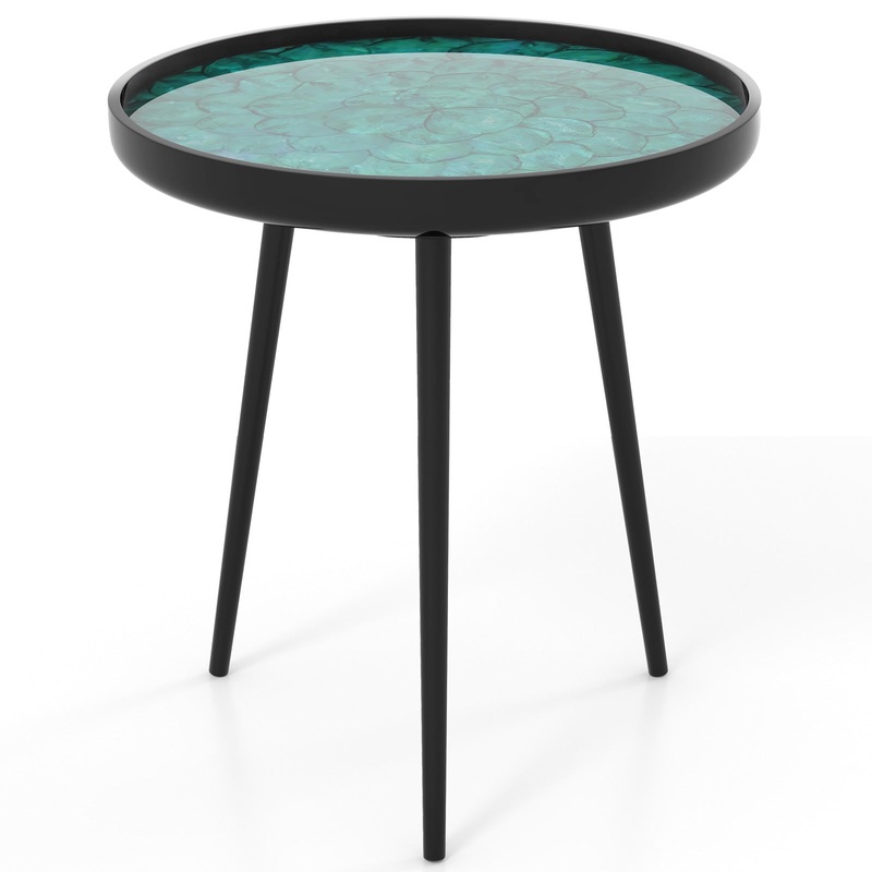 20 Inch Mid-century Modern Coffee End Table with Sea Shell Decoration, Green